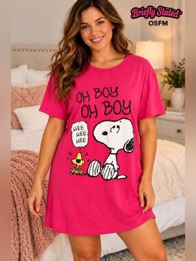 Briefly Stated Peanuts Snoopy Oh Boy Nightshirt OSFM Pink Sleep Shirt